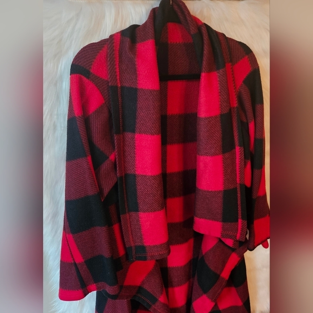 Winter Plaid Open Front Longline Fleece Jacket - Picture 2 of 8
